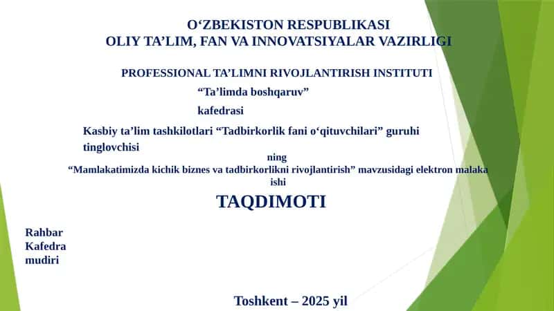 "Mamlakatimizda kichik biznes va tadbirkorlikni rivojlantirish" elektron malaka ishi