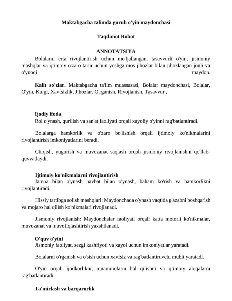 Maktabgacha talimda guruh o'yin maydonchasi