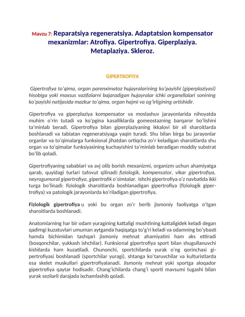 Reparatsiya regeneratsiya. Adaptatsion kompensator mexanizmlar: Atrofiya.