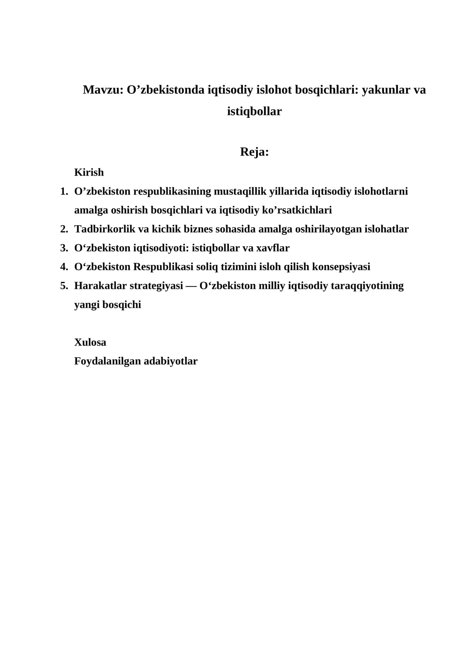 O’zbekistonda iqtisodiy islohot bosqichlari: yakunlar va istiqbollar