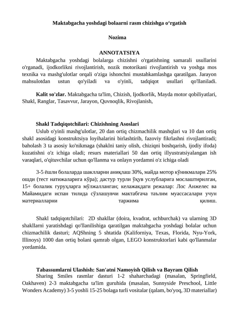 Maktabgacha yoshdagi bolaarni rasm chizishga o‘rgatish
