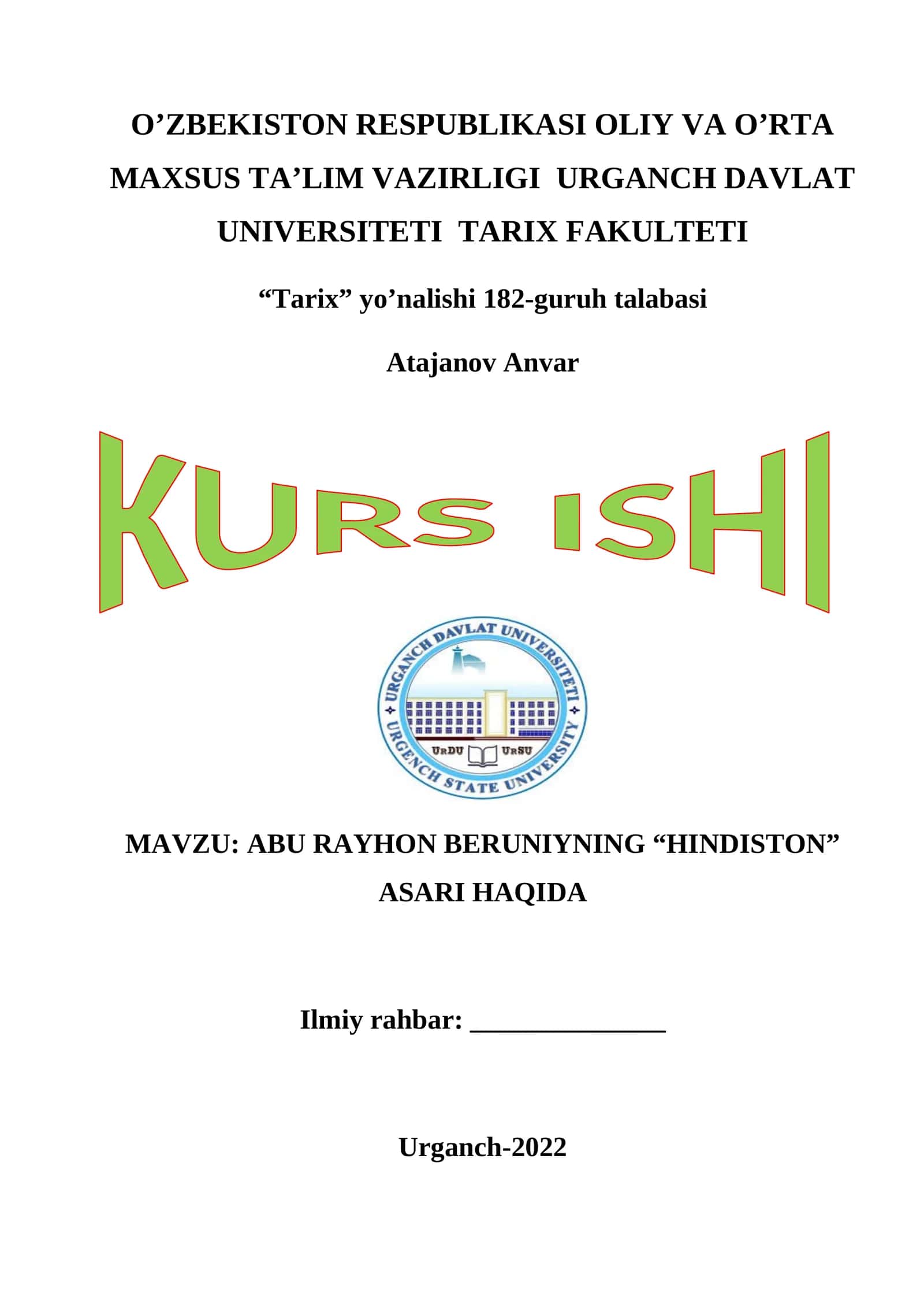 ABU RAYHON BERUNIYNING “HINDISTON” ASARI HAQIDA