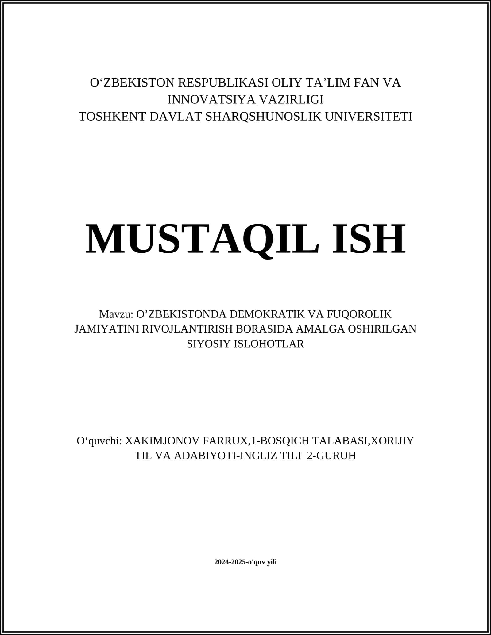 O‘ZBEKISTONDA DEMOKRATIK VA FUQOROLIK JAMIYATINI RIVOJLANTIRISH BORASIDA AMALGA OSHIRILGAN SIYOSIY ISLOHOTLAR