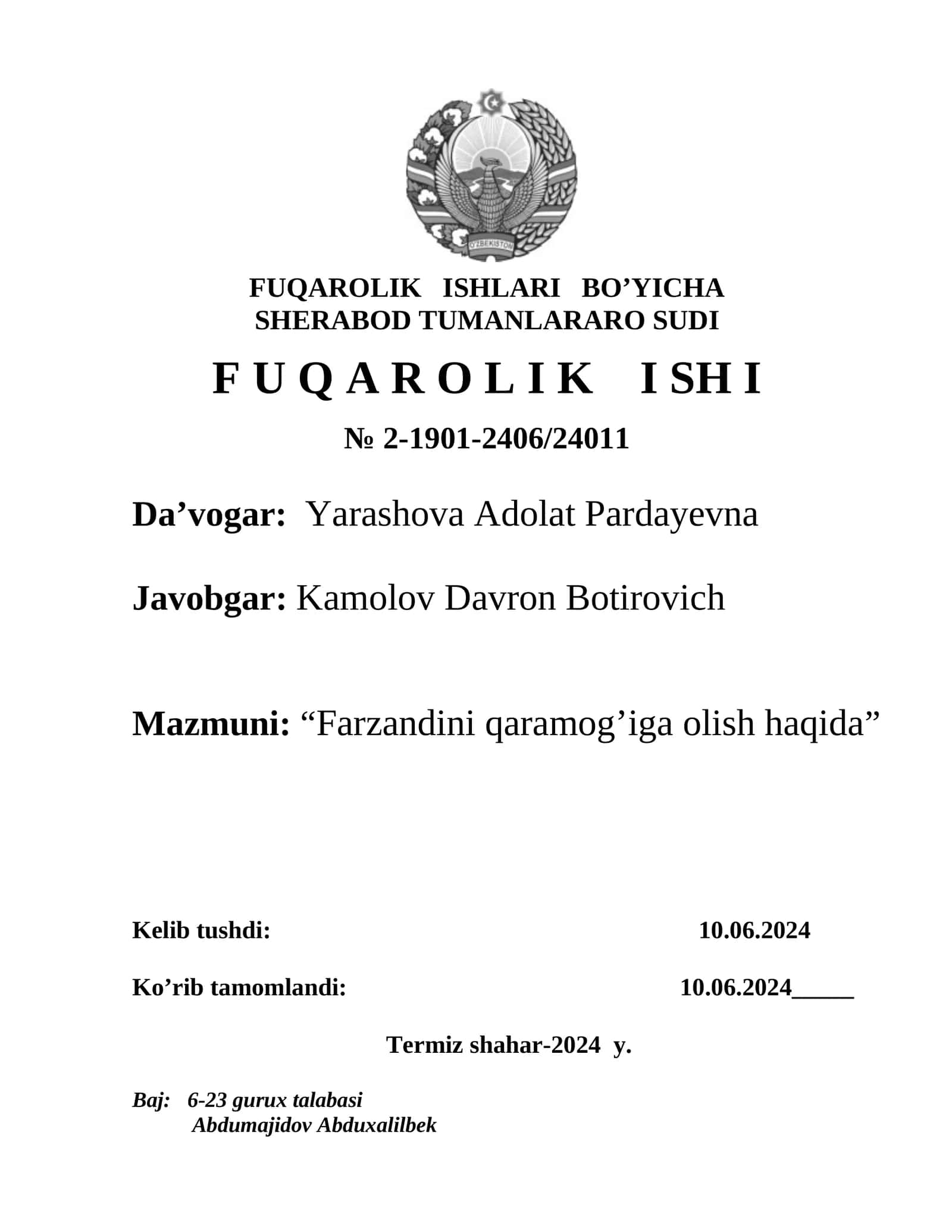FUQAROLIK ISHLARI BO’YICHA SHERABOD TUMANLARARO SUDI