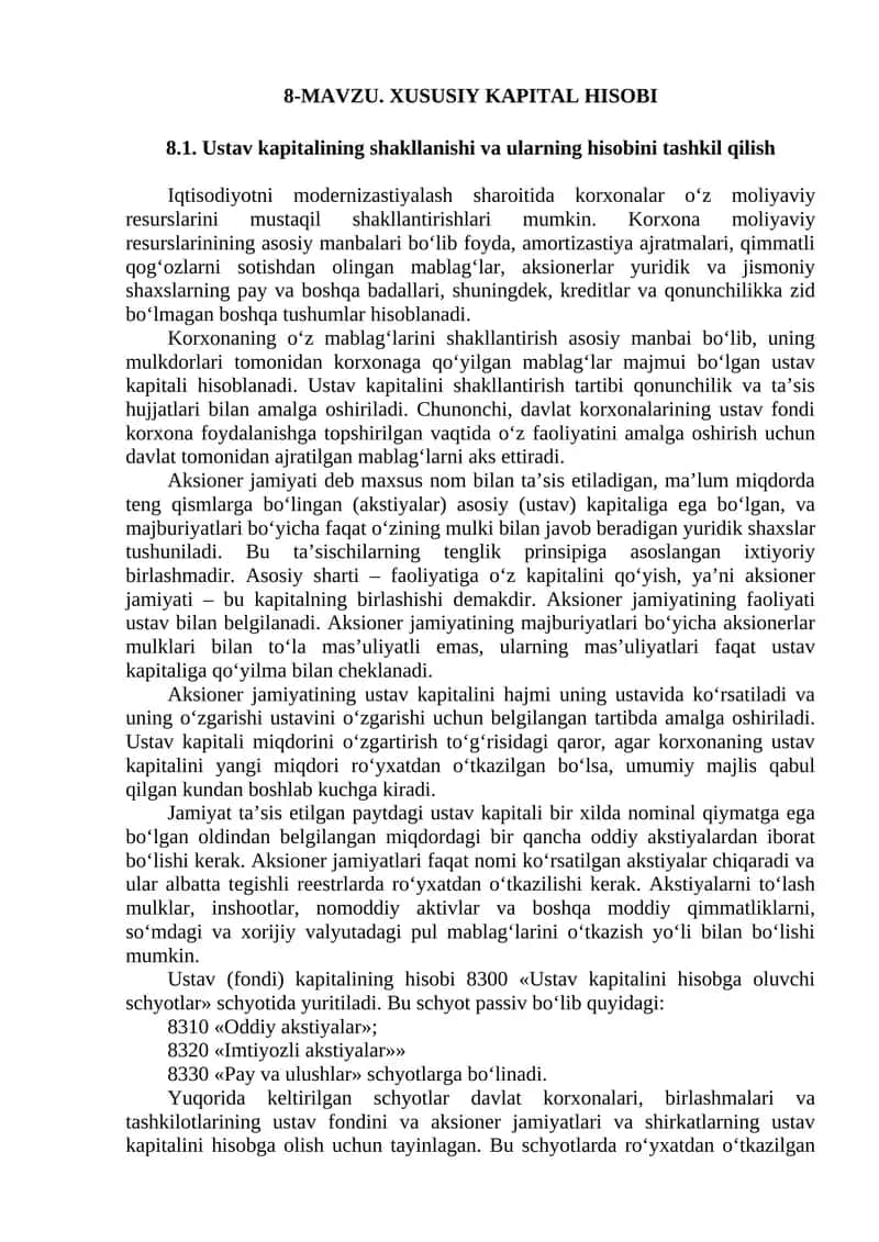 Ustav kapitalining shakllanishi va ularning hisobini tashkil qilish