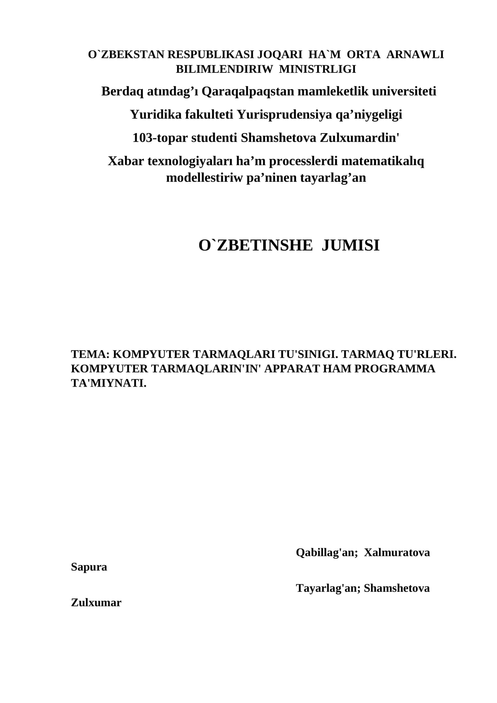 Xabar texnologiyalari ha’m processlerdi matematikalıq modellestiriw