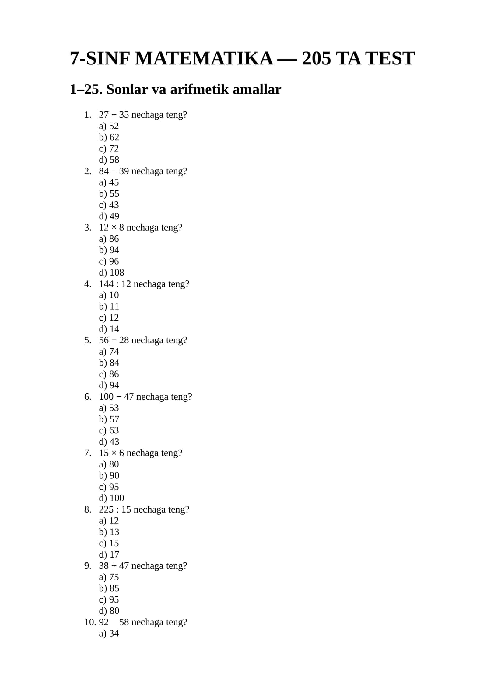7-SINF MATEMATIKA — 200+ TA TEST