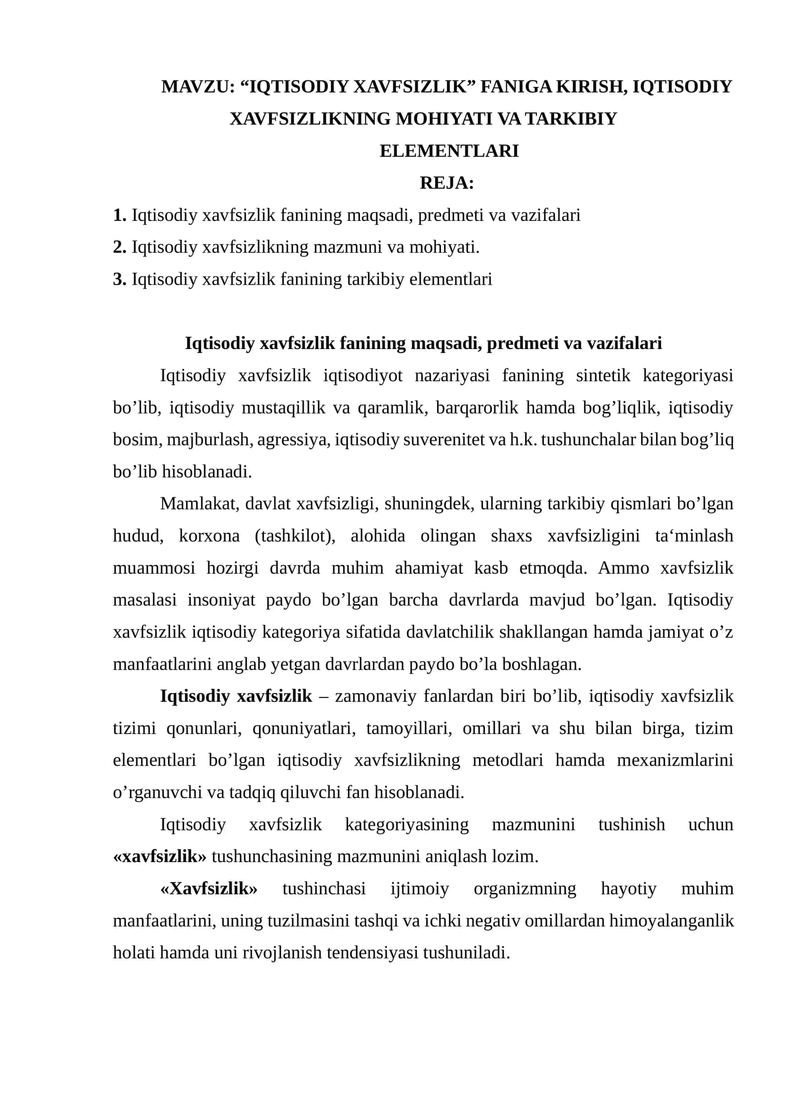“IQTISODIY XAVFSIZLIK” FANIGA KIRISH, IQTISODIY XAVFSIZLIKNING MOHIYATI VA TARKIBIY ELEMENTLARI