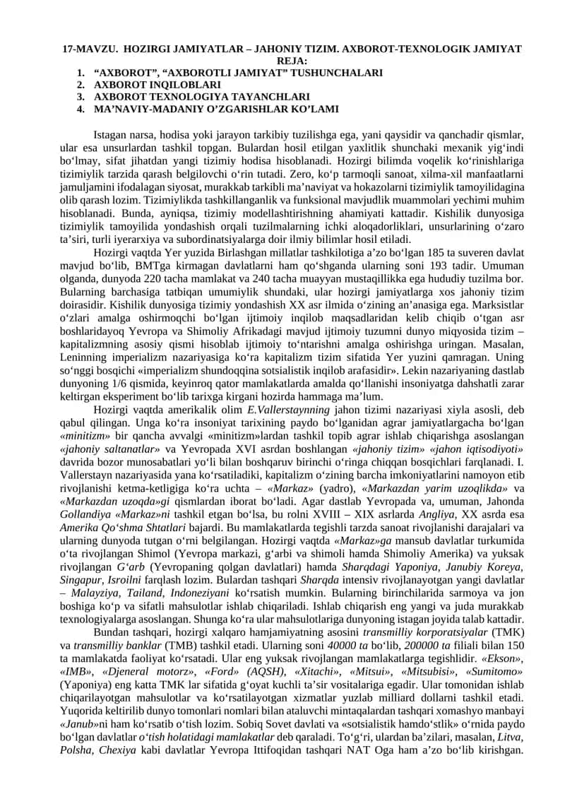 HOZIRGI JAMIYATLAR – JAHONIY TIZIM. AXBOROT-TEXNOLOGIK JAMIYAT