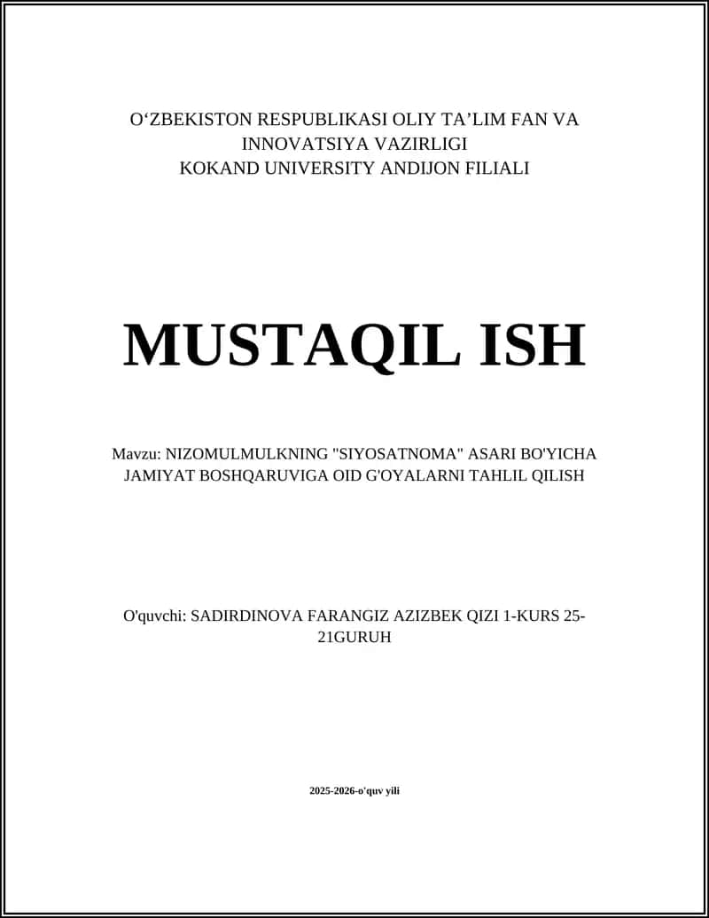 NIZOMULMULK "SIYOSATNOMA" ASARI BO'YICHA JAMIYAT BOSHQARUVIGA OID G'OYALARNI TAHLIL QILISH