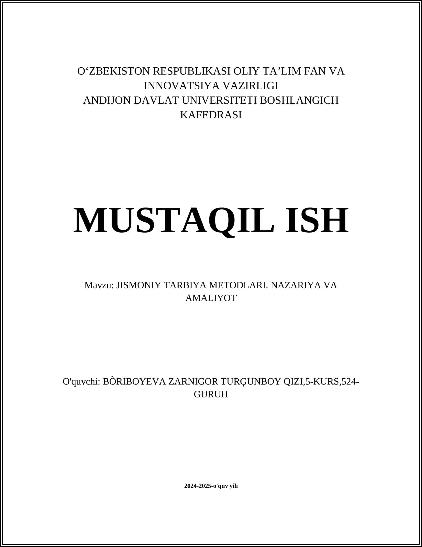 JISMONIY TARBIYA METODLARI. NAZARIYA VA AMALIYOT
