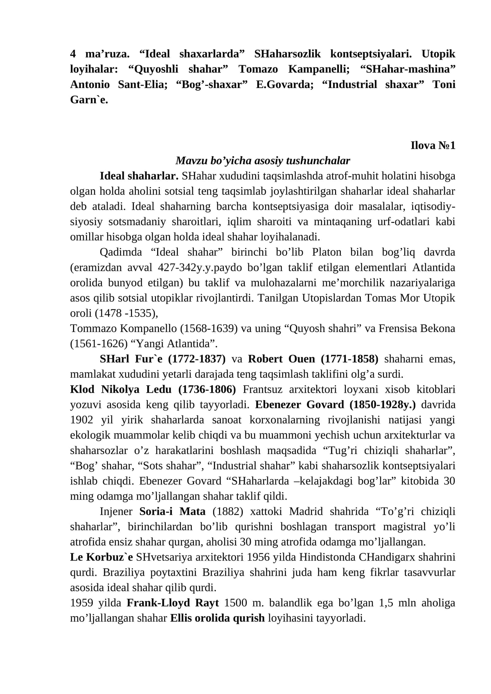 Ideal shaharlarda SHaharsozlik kontseptsiyalari