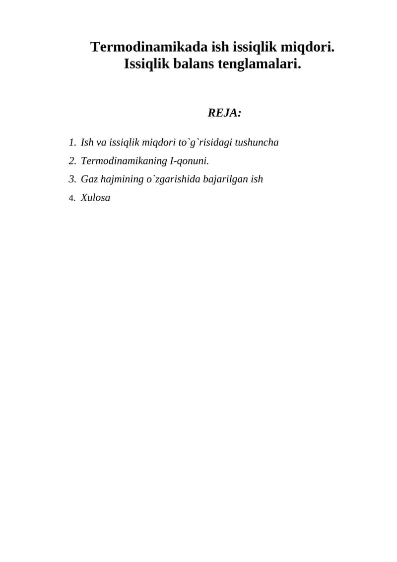 Termodinamikada ish issiqlik miqdori
