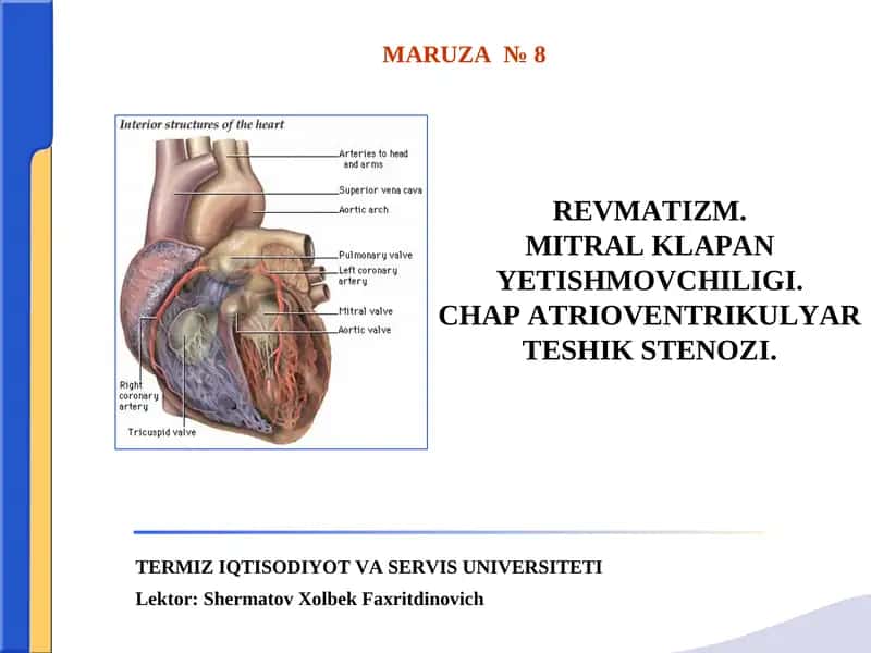 REVMATIZM.MITRAL KLAPAN YETISHMOVCHILIGI.CHAP ATRIOVENTRIKULYAR TESHIK STENOZІ.
