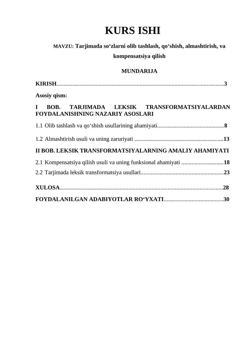Tarjimada leksik transformatsiyalarning nazariy va amaliy asoslari