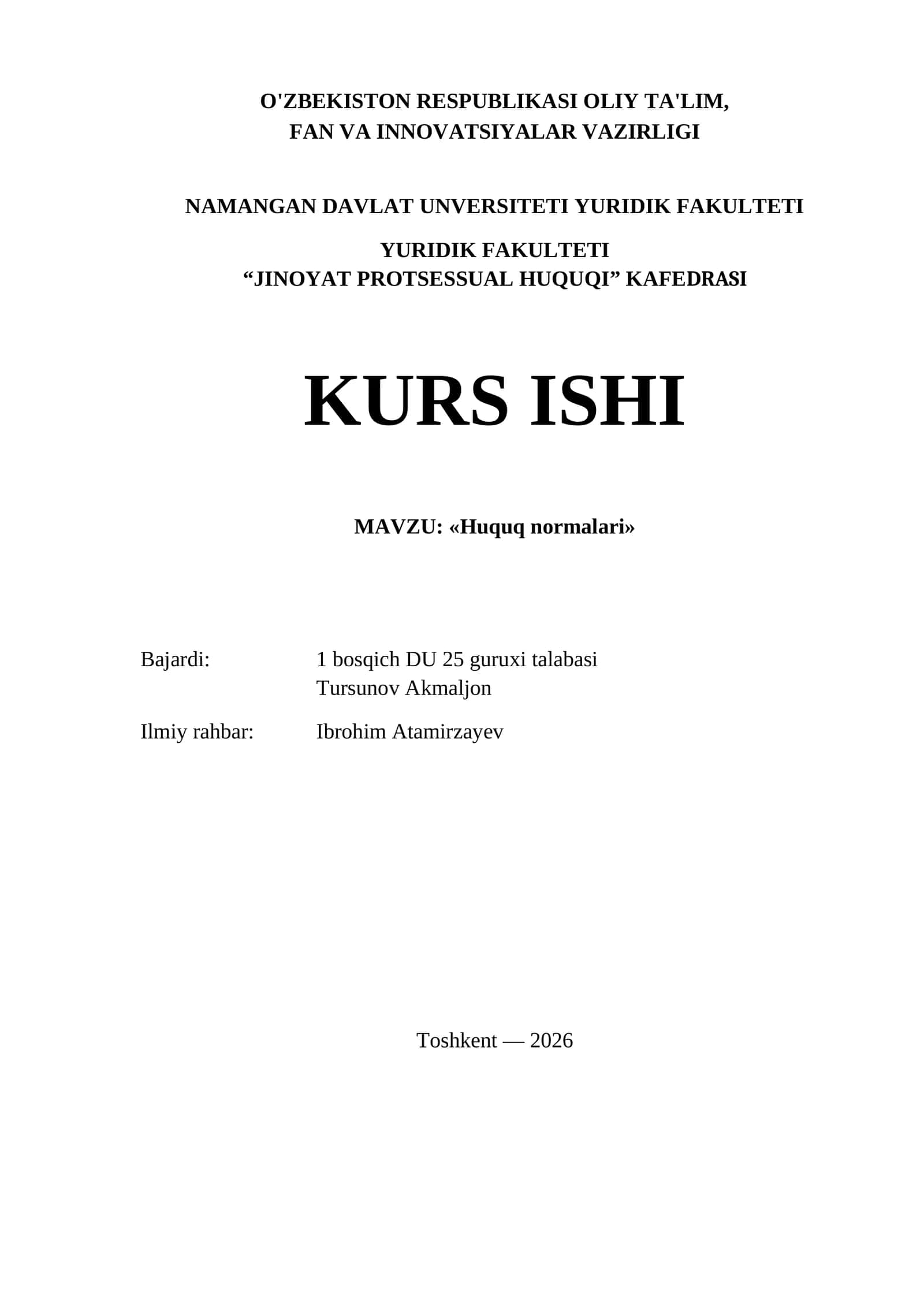 Kurs ishi «Huquq normalari»