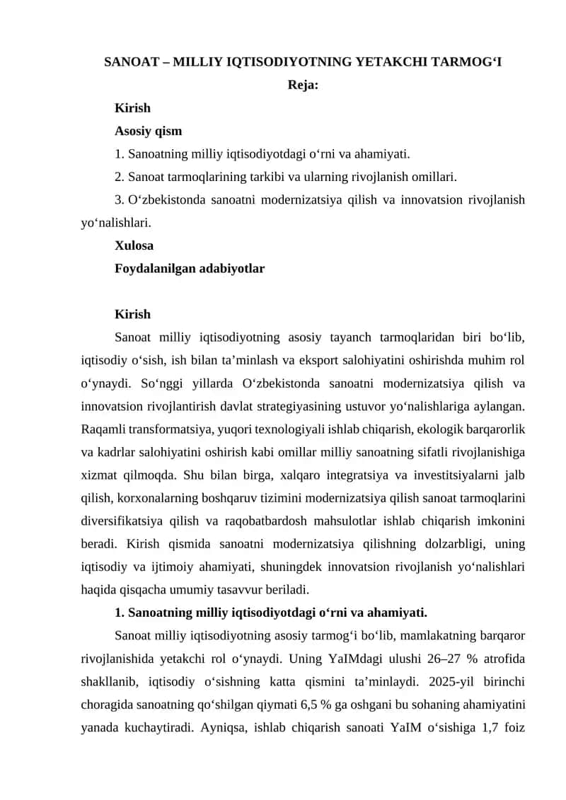 SANOAT - MILLIY IQTISODIYOTNING YETAKCHI TARMOG‘I