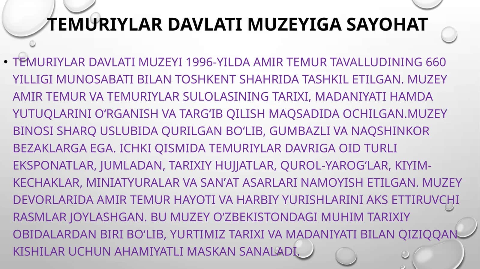 Temuriylar davlati muzeyiga sayohat slayd