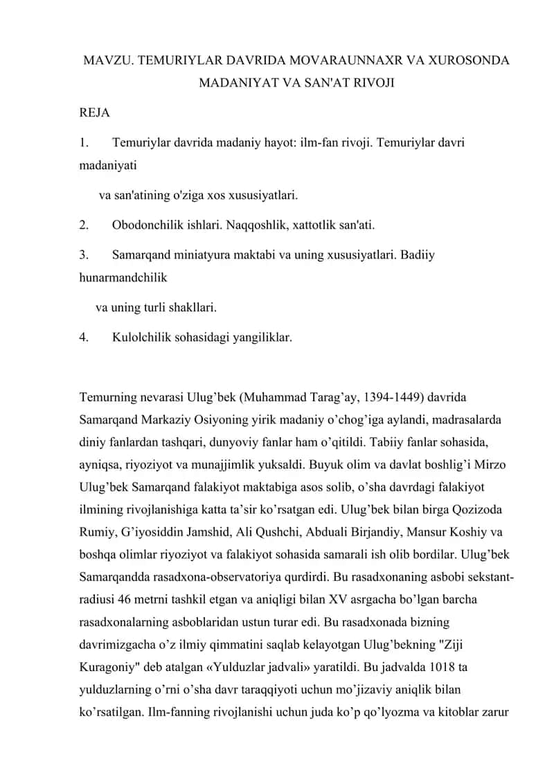 TEMURIYLAR DAVRIDA MOVARAUNNAXR VA XUROSONDA MADANIYAT VA SAN'AT RIVOJI