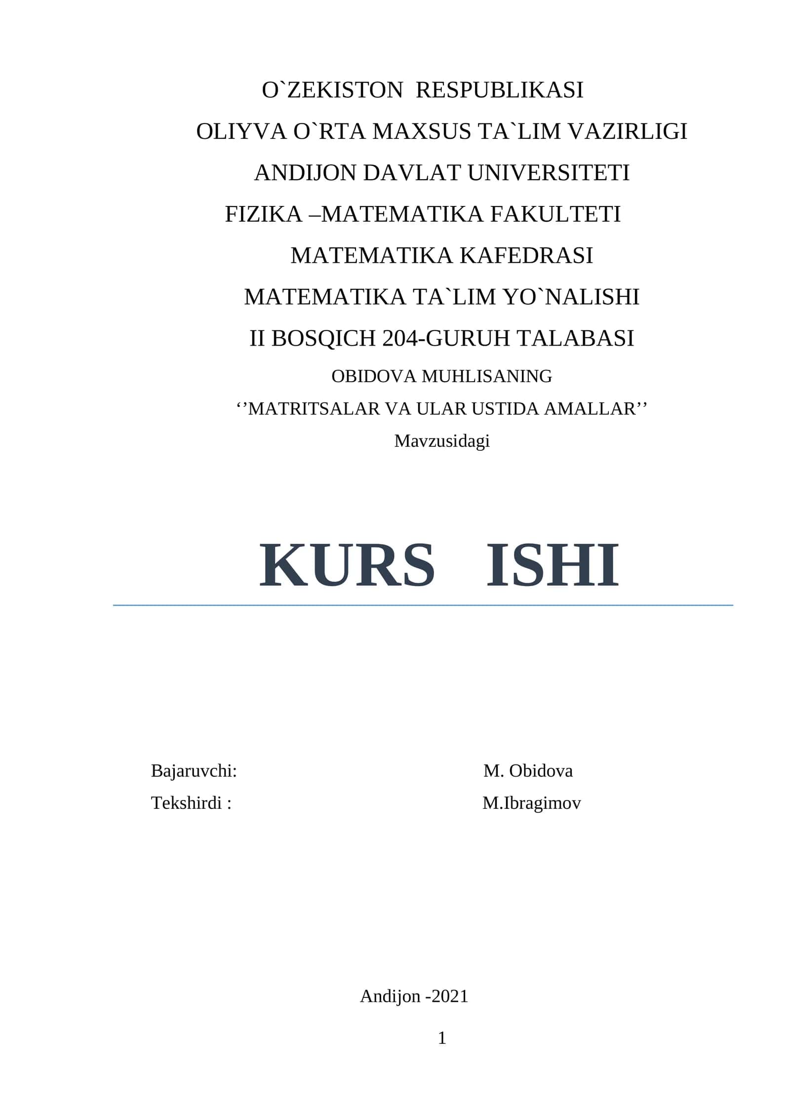 MATRITSALAR VA ULAR USTIDA AMALLAR