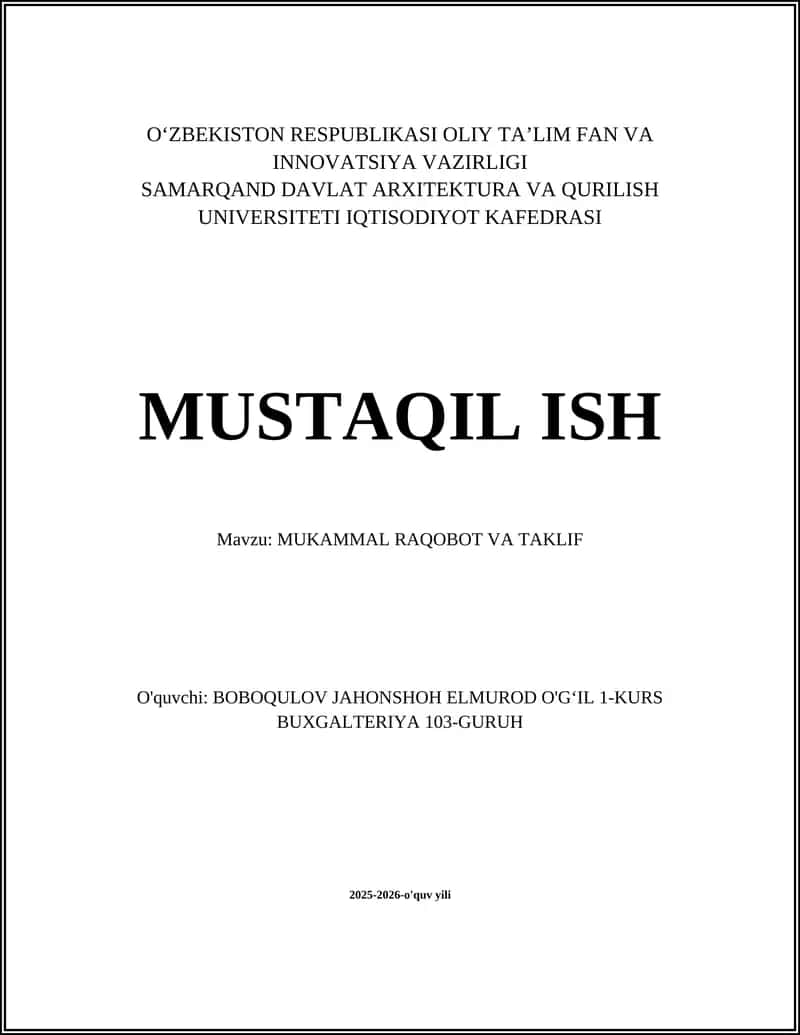 MUKAMMAL RAQOBOT VA TAKLIF