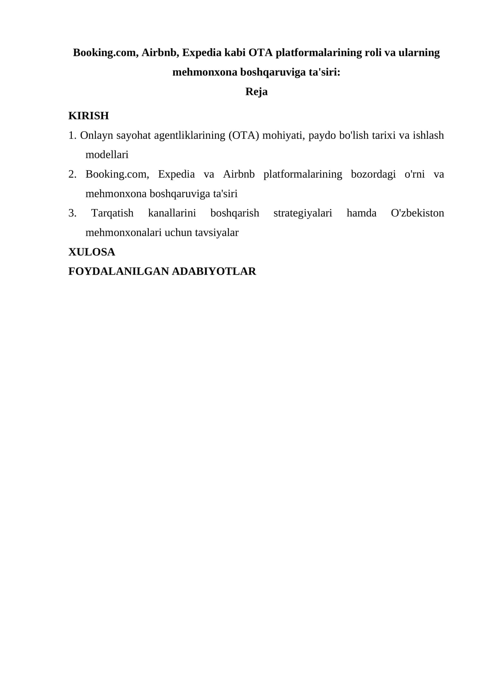 Mehmonxonalar boshqarish tadbirlari