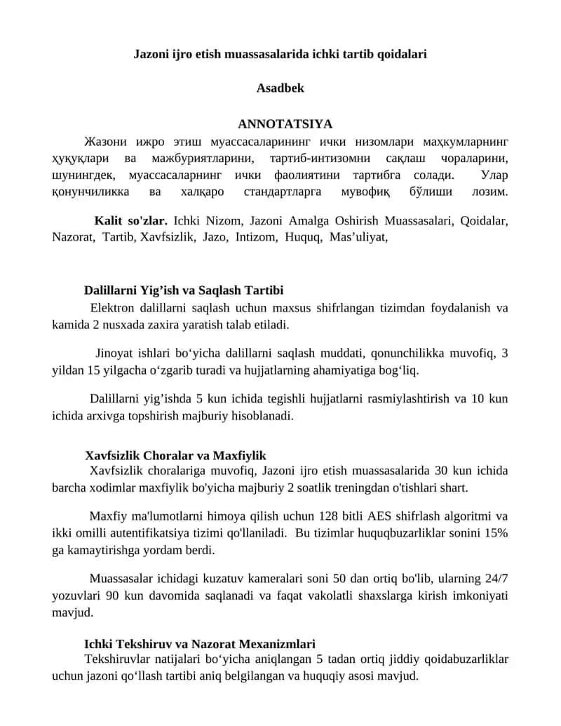 Jazoni ijro etish muassasalarida ichki tartib qoidalari