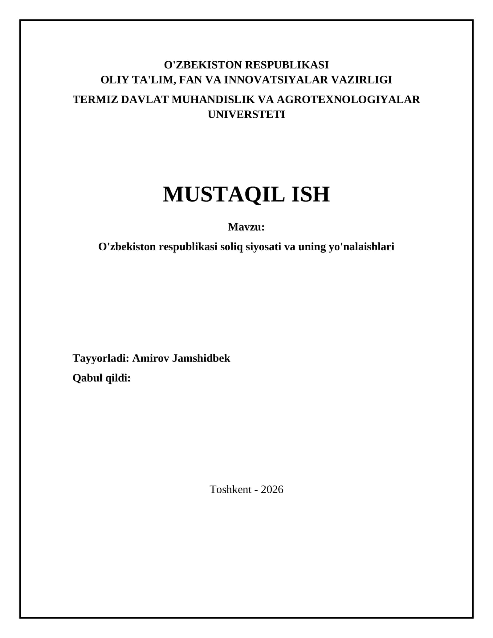 O'zbekiston respublikasi soliq siyosati va uning yo'nalaishlari