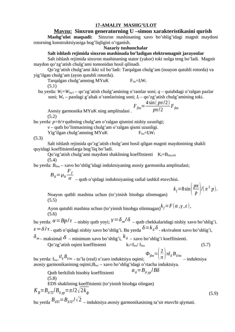 Sinxron generatorning U –simon xarakteristikasini qurish