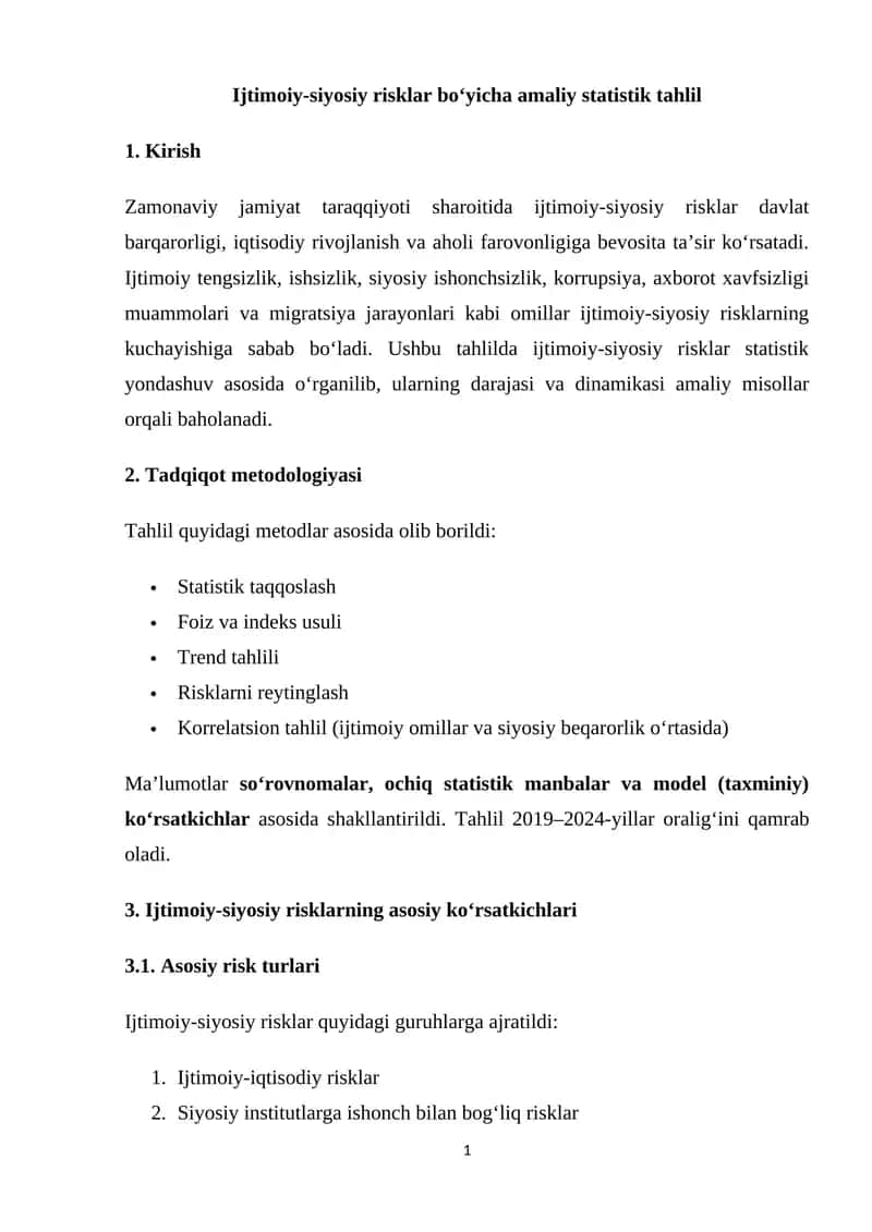 Ijtimoiy-siyosiy risklar bo‘yicha amaliy statistik tahlil