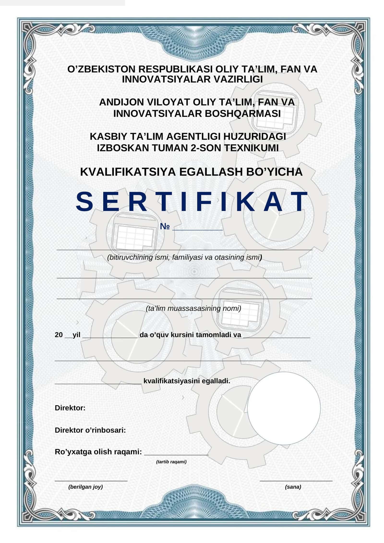 Сертификат техникум КВАЛИФИКАЦИЯ || KVALIFIKATSIYA EGALLASH BO’YICHA S E R T I F I K A T