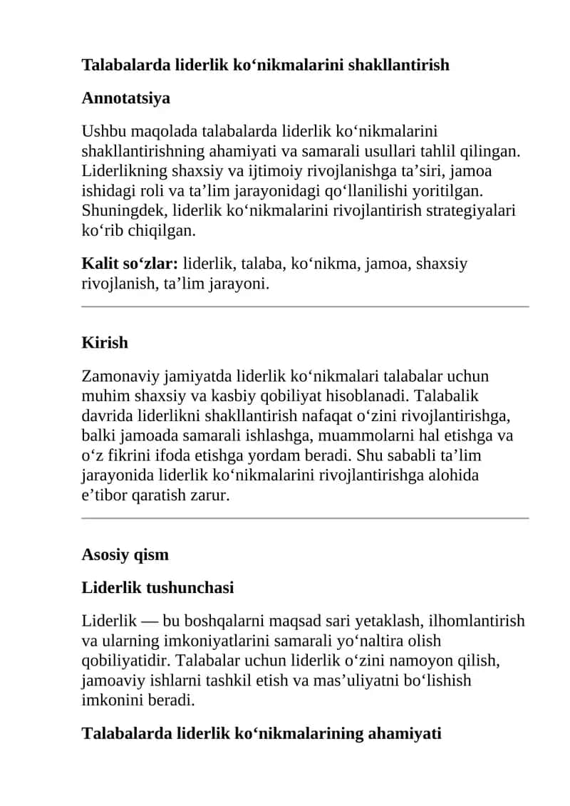 Talabalarda liderlik ko‘nikmalarini shakllantirish