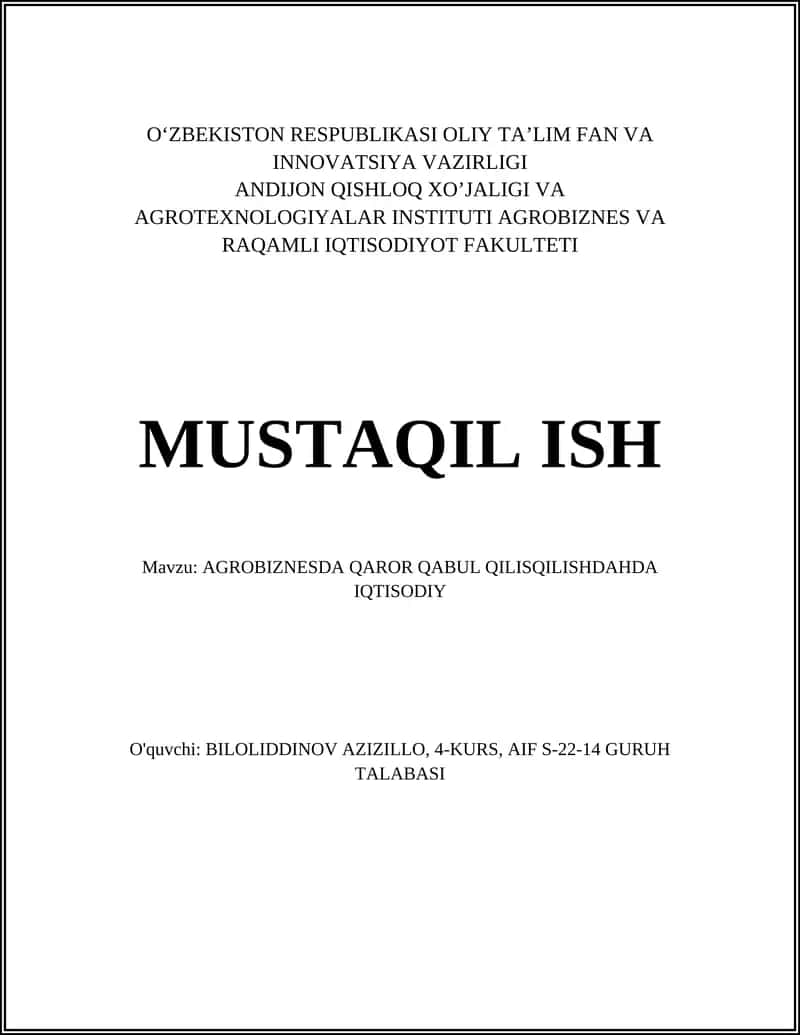 Agrobiznesda iqtisodiy tahlil metodlari va qaror qabul qilish
