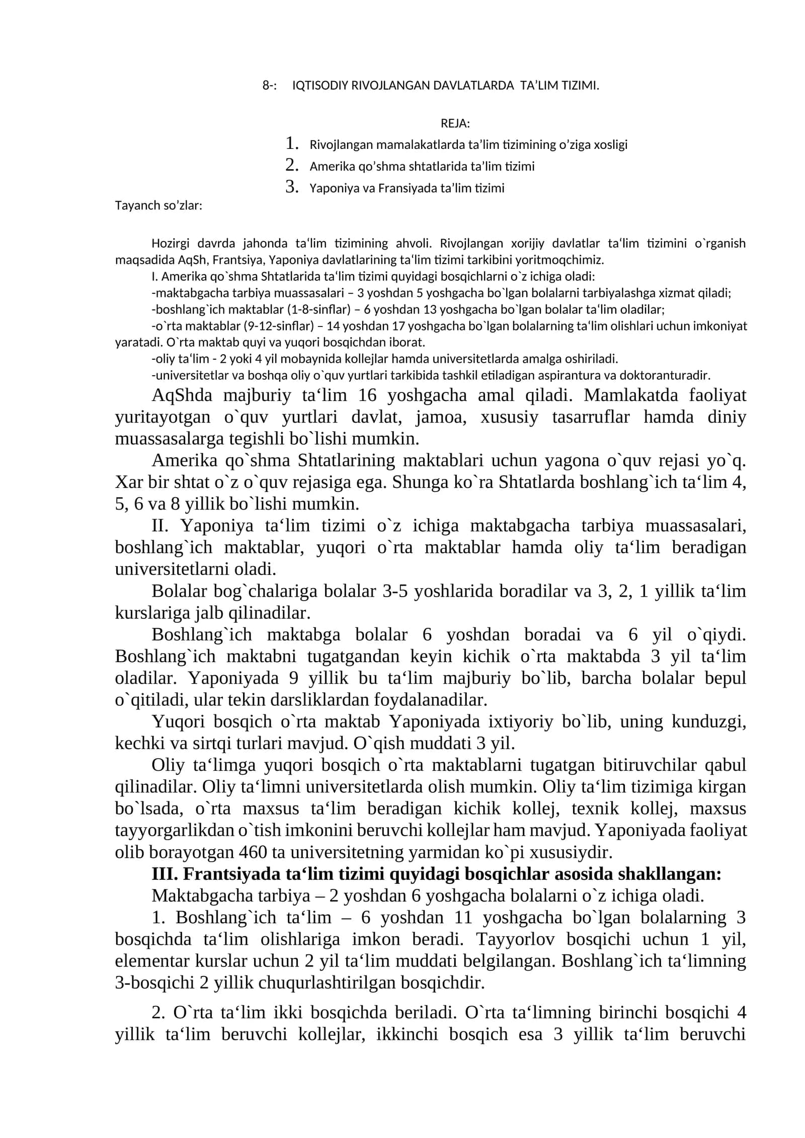 Rivojlangan Davlatlarda Ta'lim Tizimi