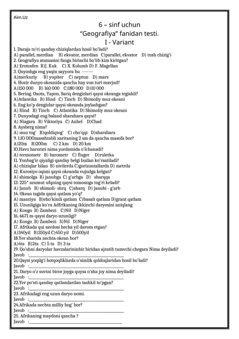 6 – sinf uchun “Geografiya” fanidan testi. I - Variant