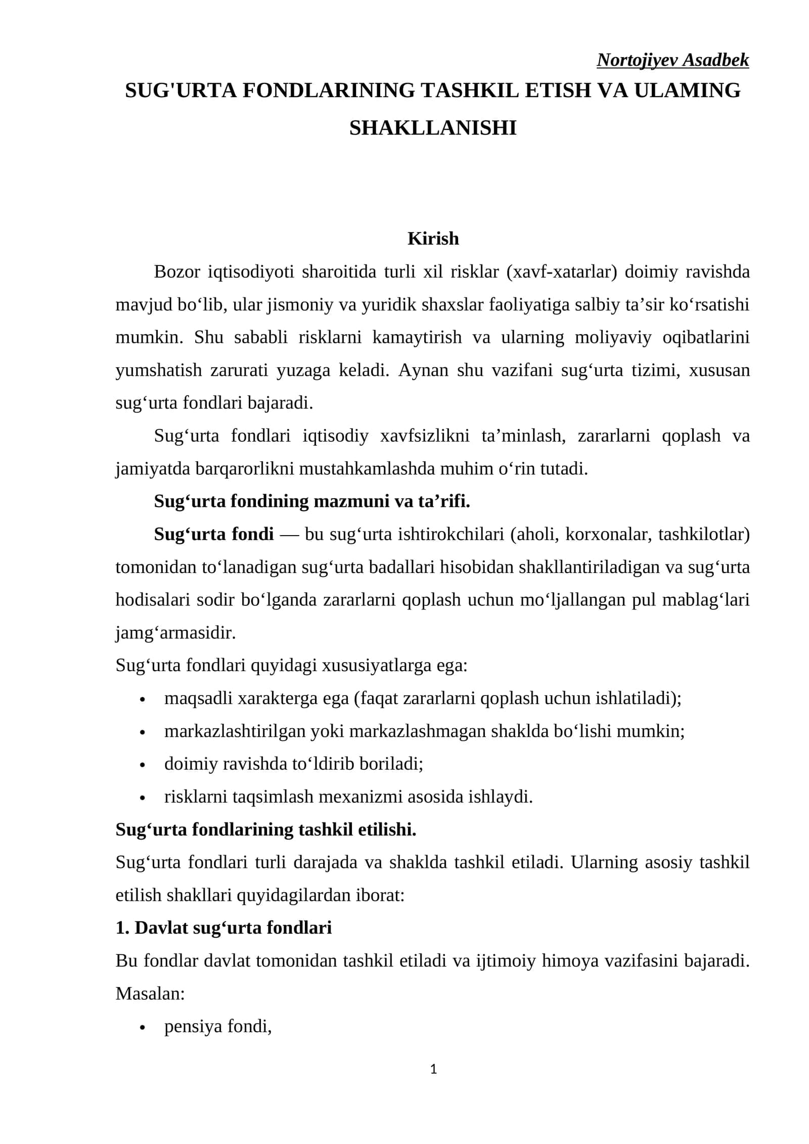 SUG'URTA FONDLARINING TASHKIL ETISH VA ULAMING SHAKLLANISHI