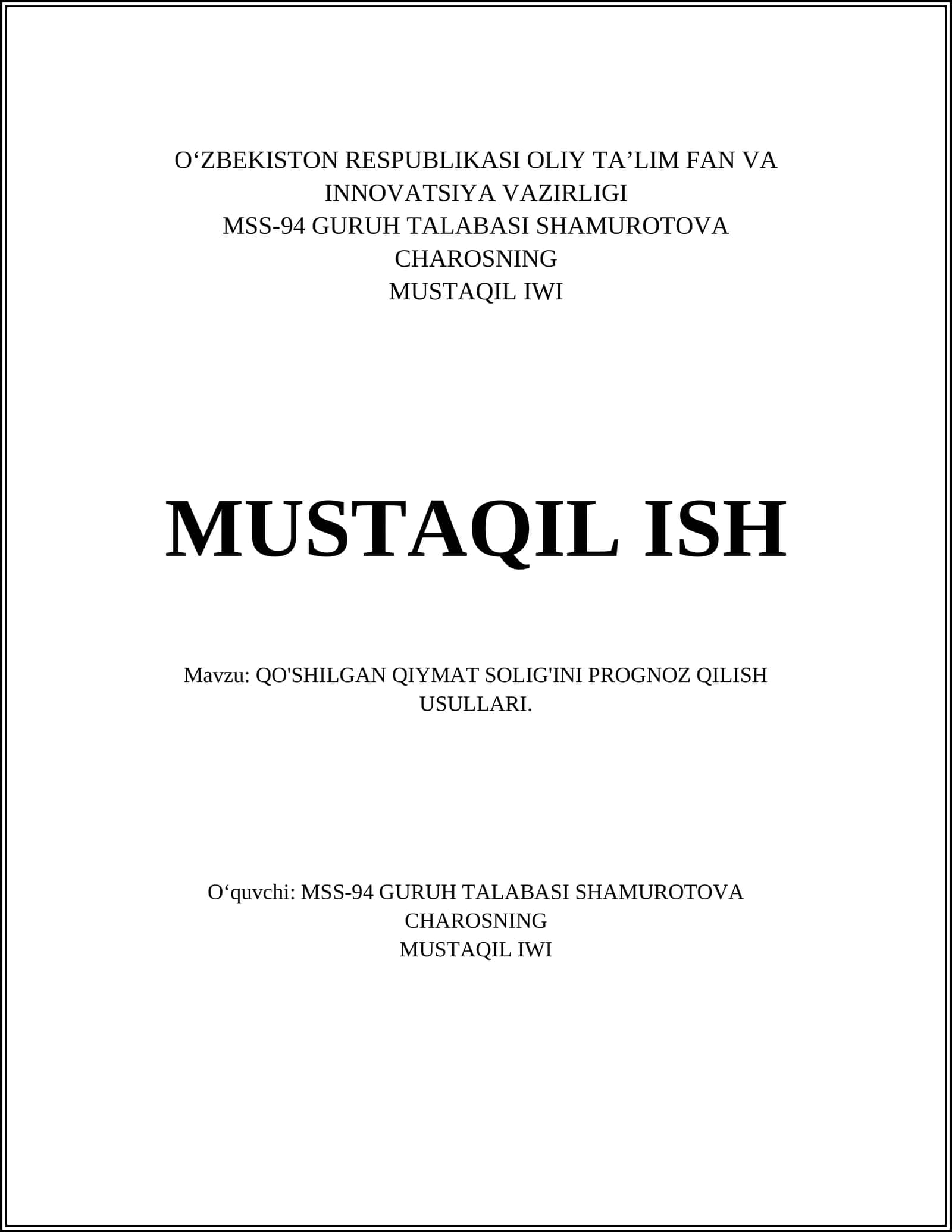 Qo'shilgan Qiyamat Solig'ini Prognoz Qilish Usullari