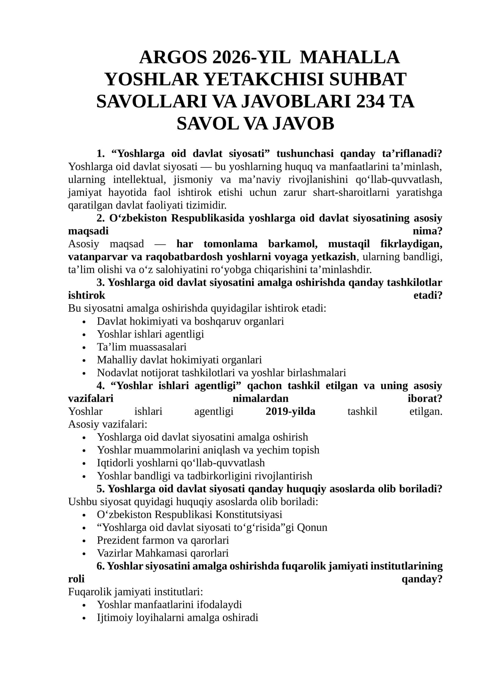ARGOS 2026-YIL MAHALLA YOSHLAR YETAKCHISI SUHBAT SAVOLLARI VA JAVOBLARI 234 TA SAVOL VA JAVOB