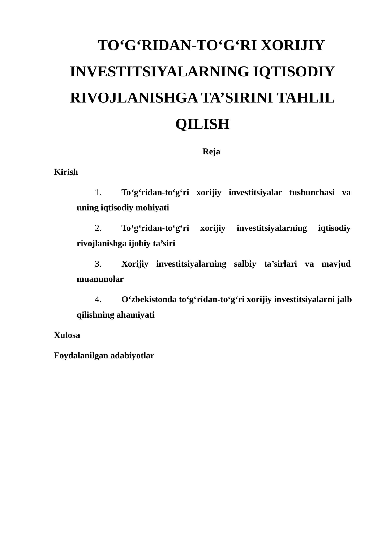 To‘g‘ridan-to‘g‘ri xorijiy investitsiyalarning iqtisodiy rivojlanishga ta’sirini tahlil qilish