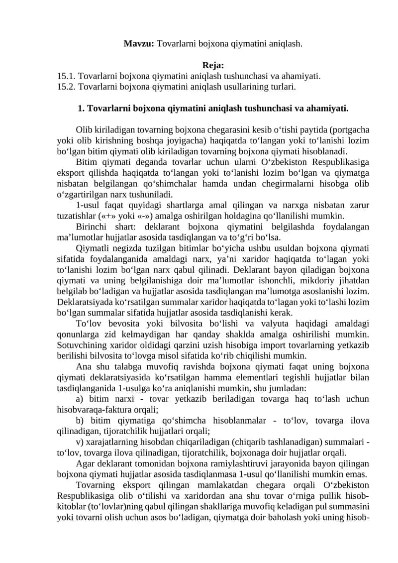 Tovarlarni bojxona qiymatini aniqlash