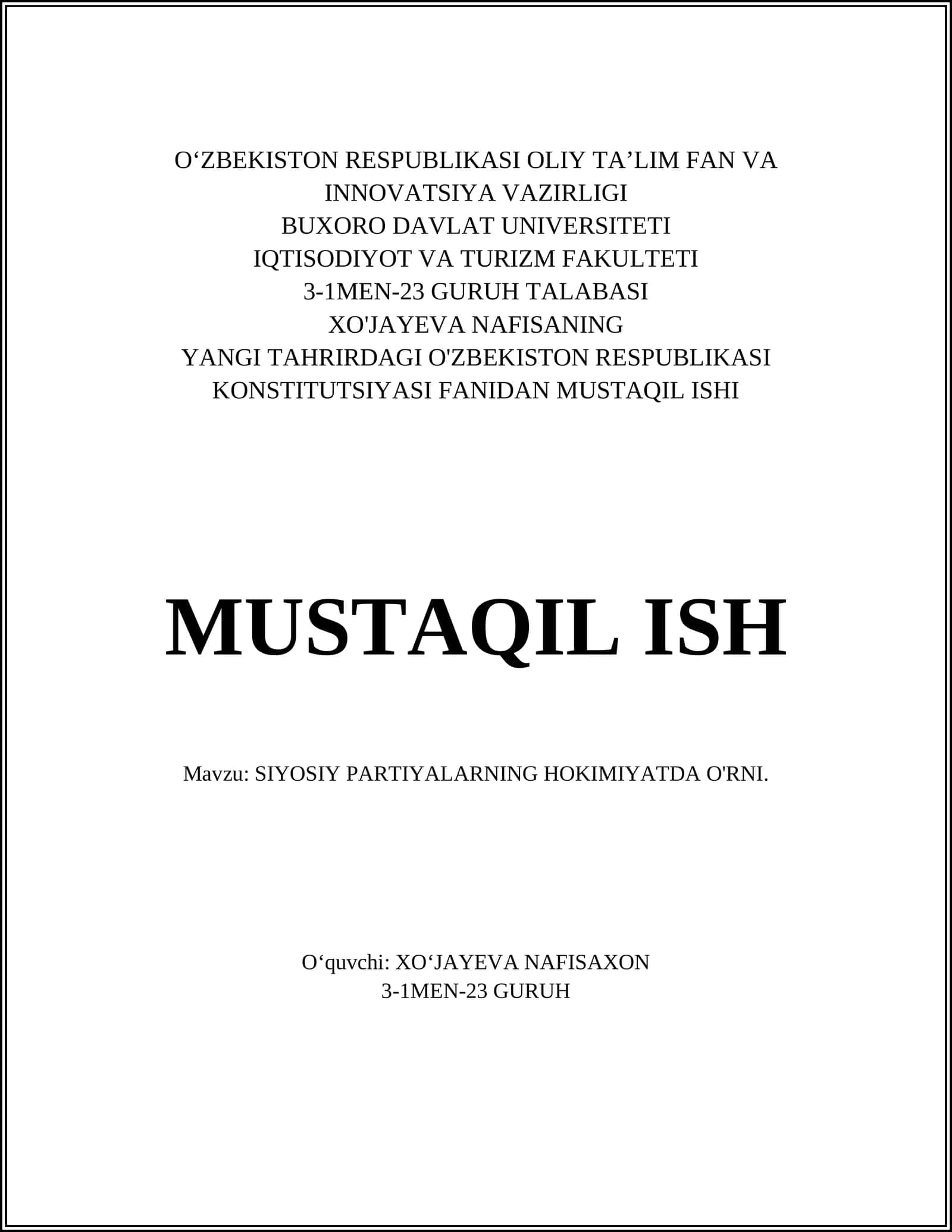 SIYOSIY PARTIYALARNING HOKIMIYATDA O'RNI