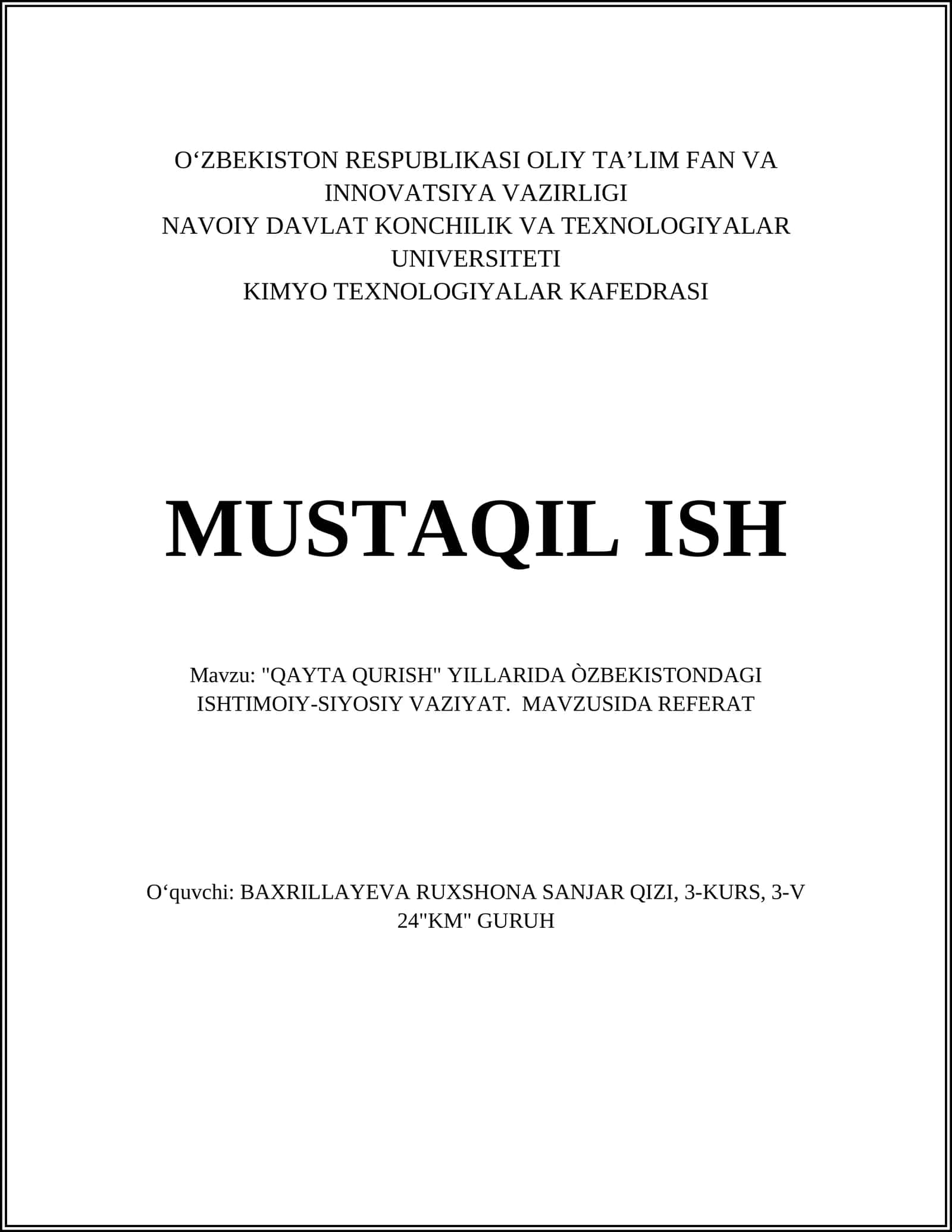 QAYTA QURISH" YILLARIDA ÒZBEKISTONDAGI ISHTIMOIY-SIYOSIY VAZIYAT. MAVZUSIDA REFERAT