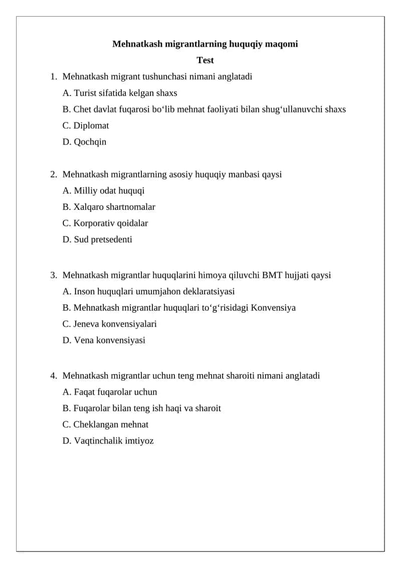 Mehnatkash migrantlarning huquqiy maqomi