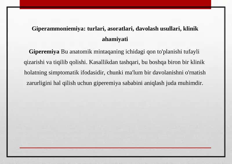 Giperammoniemiya:turlari,asoratlari,davolashusullari,klinik