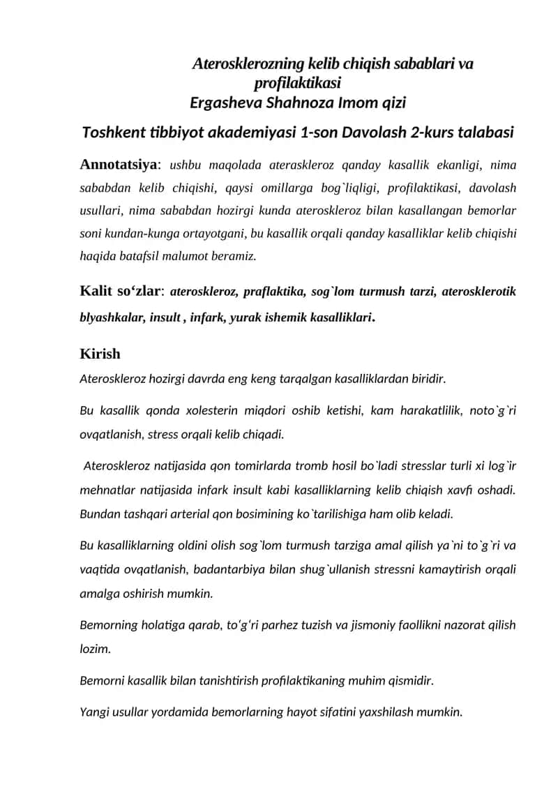 Aterosklerozning kelib chiqish sabablari va profilaktikasi