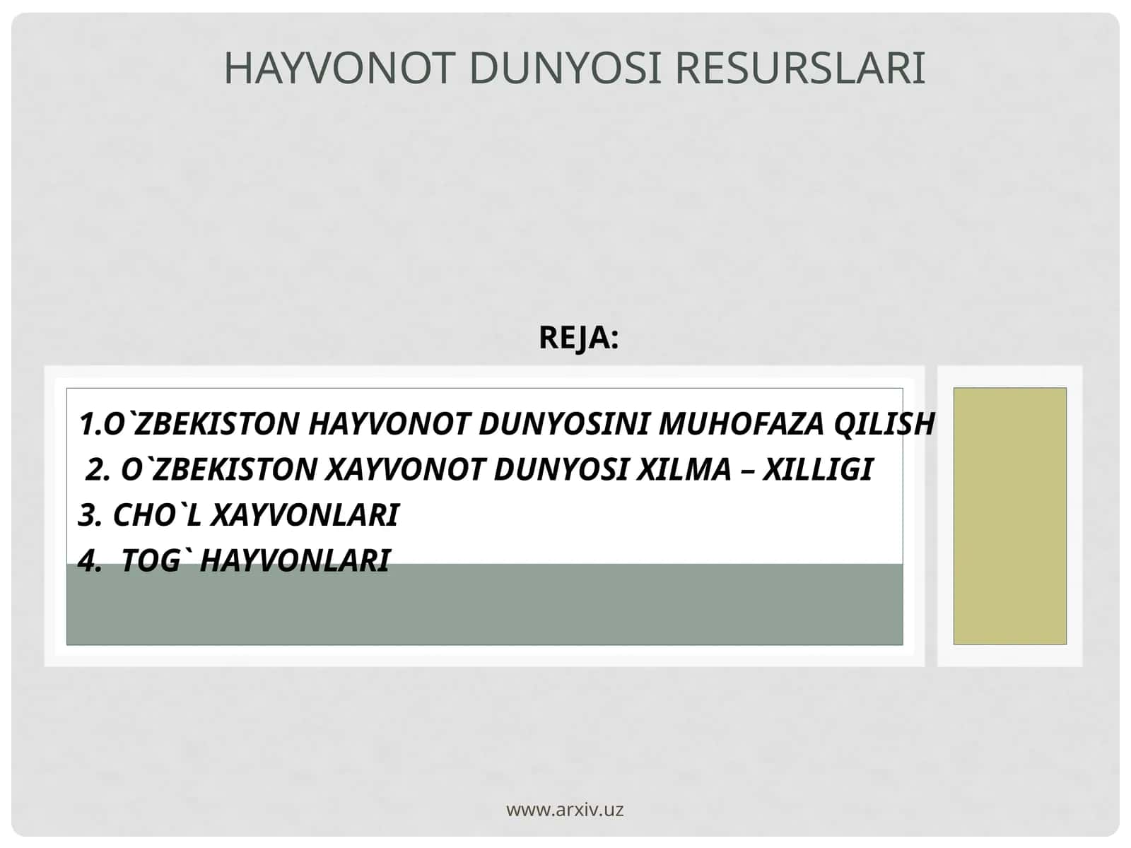 O`ZBEKISTON HAYVONOT DUNYOSINI MUHOFAZA QILISH