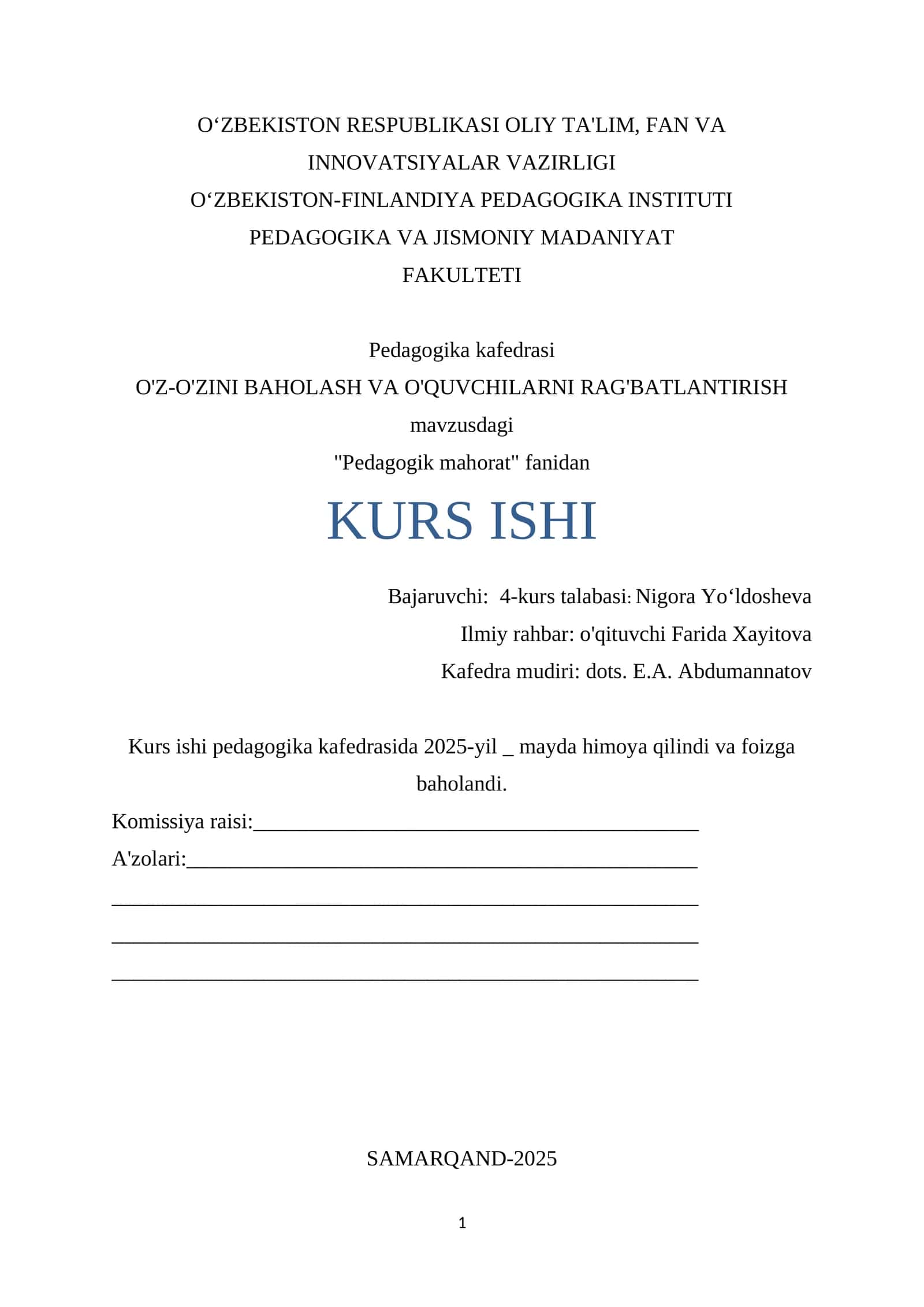 "Pedagogik mahorat" fanidan KURS ISHI