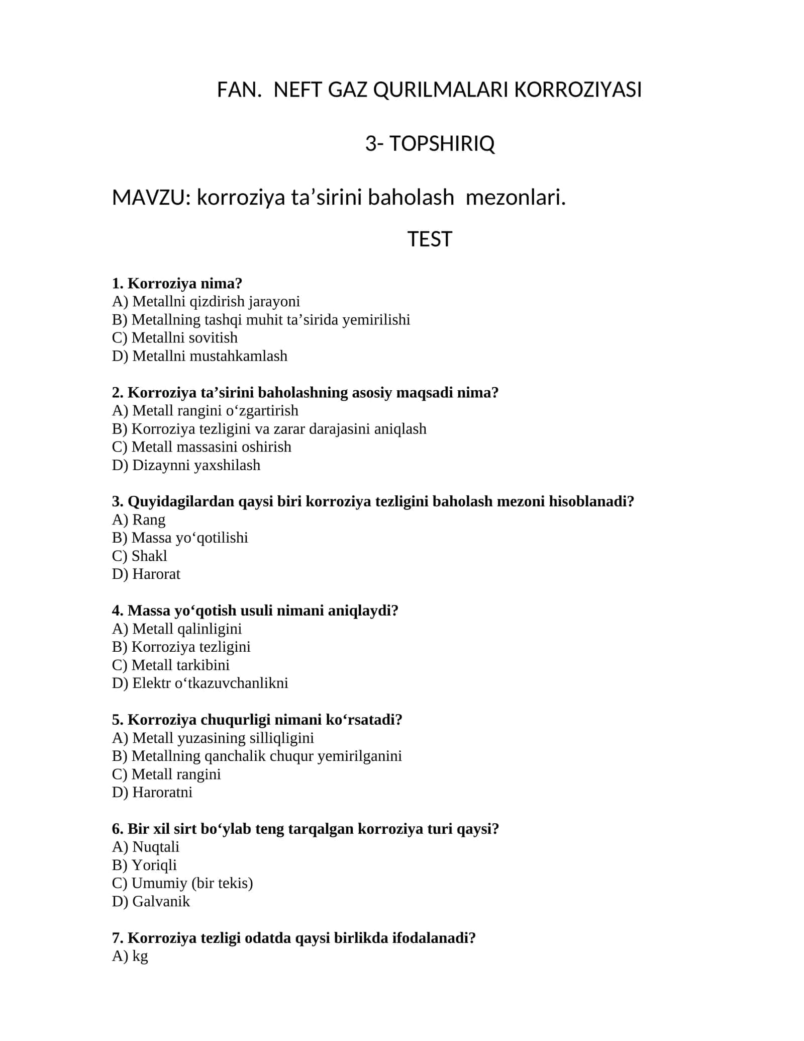 FAN. NEFT GAZ QURILMALARI KORROZIYASI 3- TOPSHIRIQ