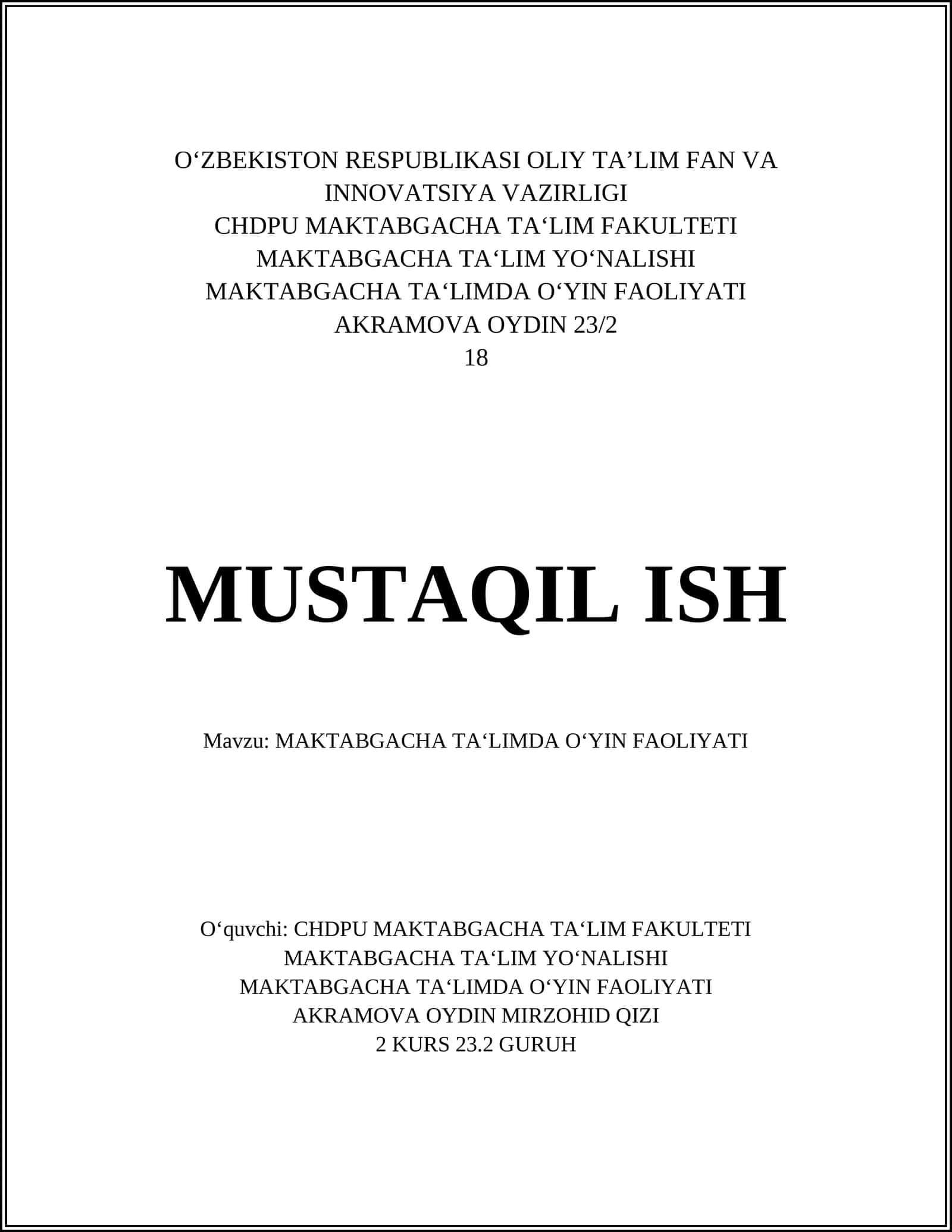 MAKTABGACHA TA‘LIMDA O‘YIN FAOLIYATI