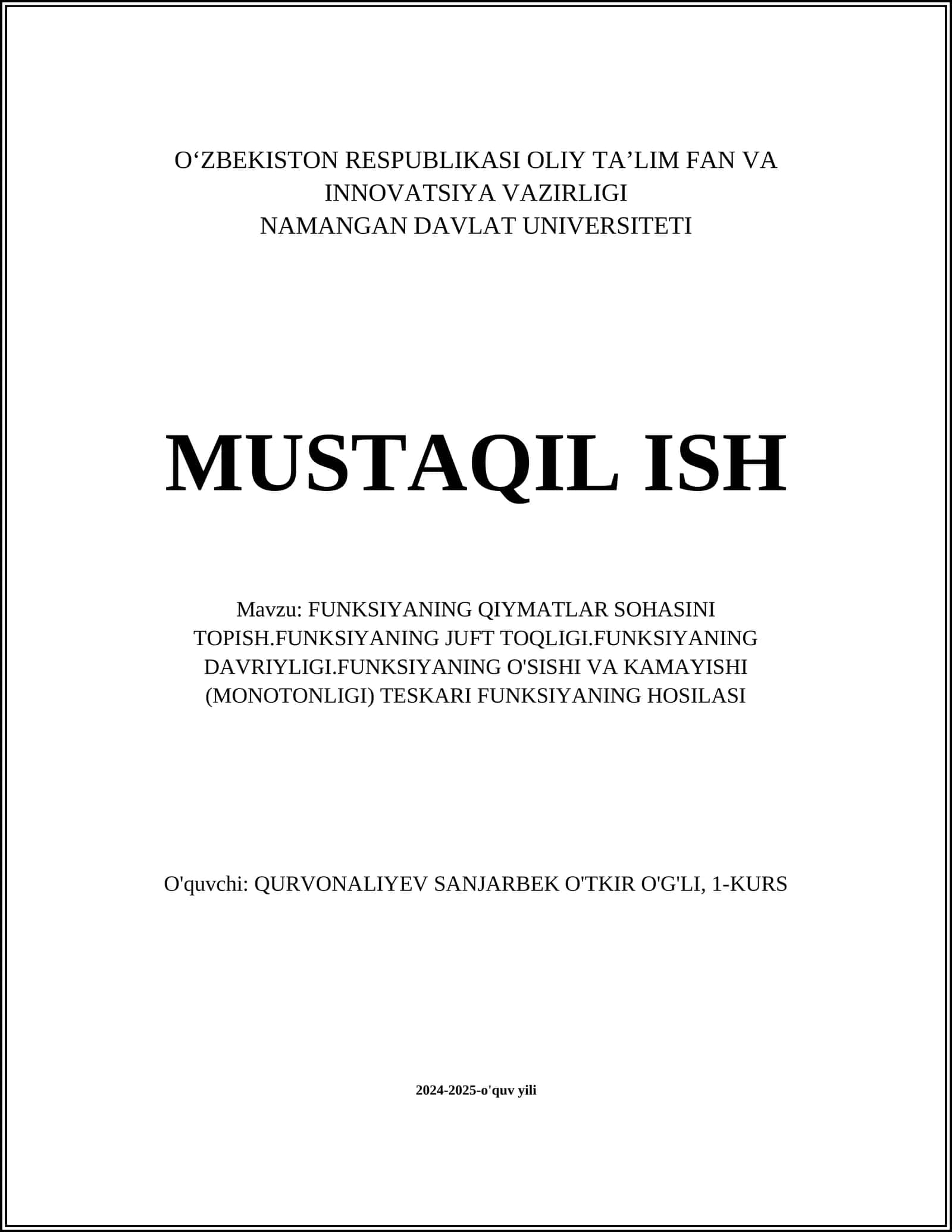 FUNKSIYANING QIYMATLAR SOHASINI TOPISH.FUNKSIYANING JUFT TOQLIGI.FUNKSIYANING DAVRIYLIGI.FUNKSIYANING O'SISHI VA KAMAYISHI (MONOTONLIGI) TESKARI FUNKSIYANING HOSILASI